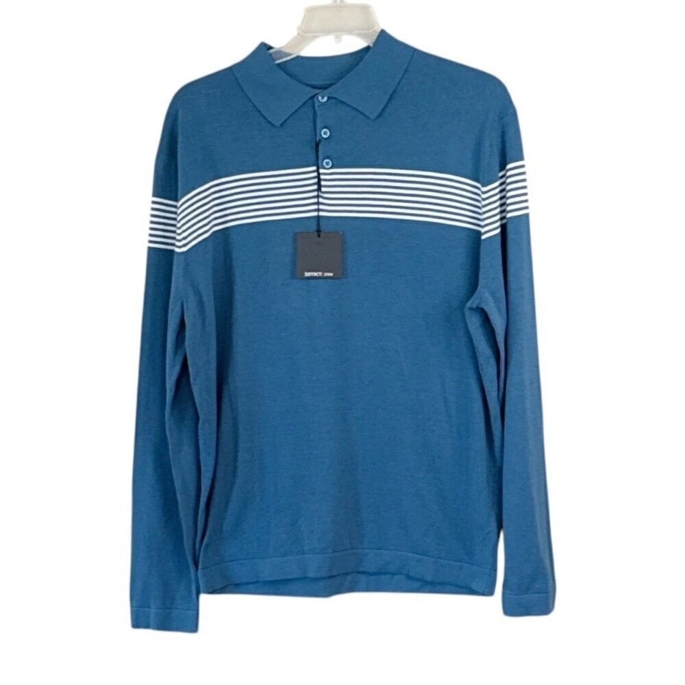 Dstrct&row Men's Striped Long Sleeve Polo Shirt Blue White Size L NWT
